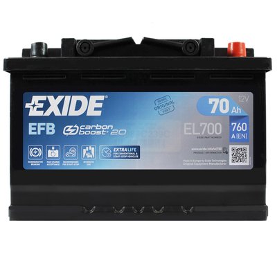 Автомобильный аккумулятор EXIDE (EL700) Start-Stop EFB 70Аh 760A R+ 566125885164 фото