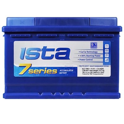 Автомобильный аккумулятор ISTA 7 Series 74Ah 720A R+ (правый +) L3 564958893735 фото